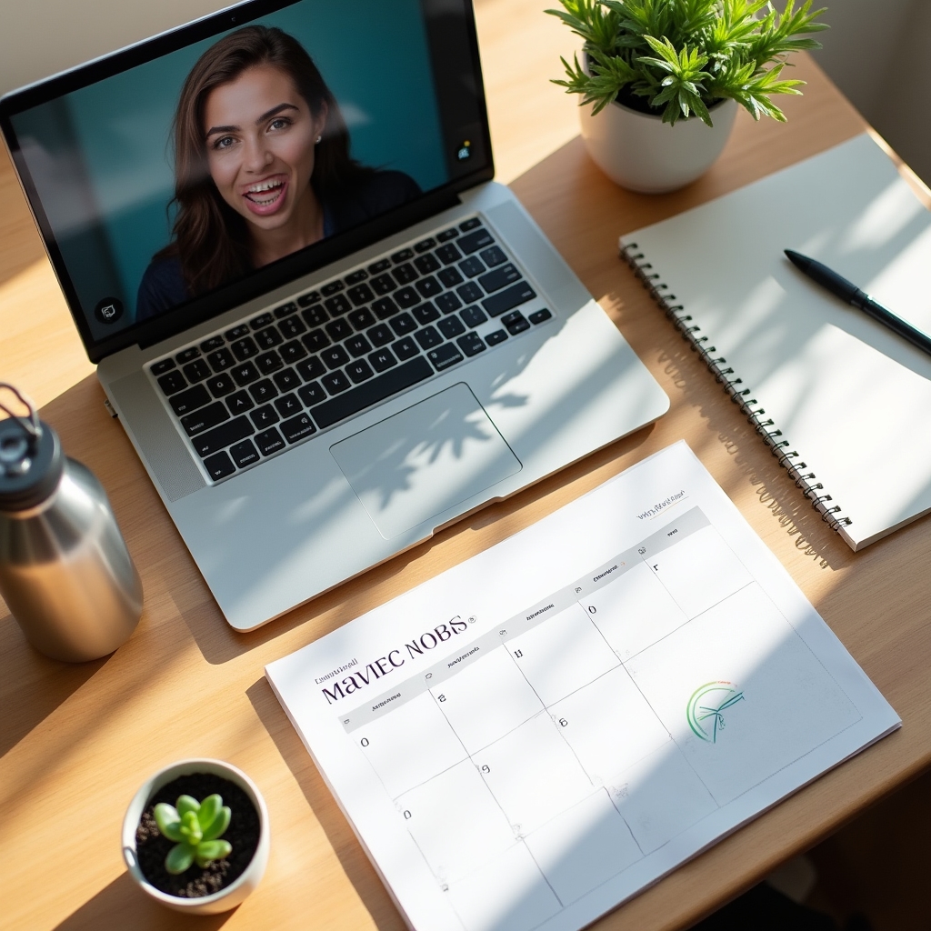 Desk with a weekly planner, water bottle and laptop open to a course video call