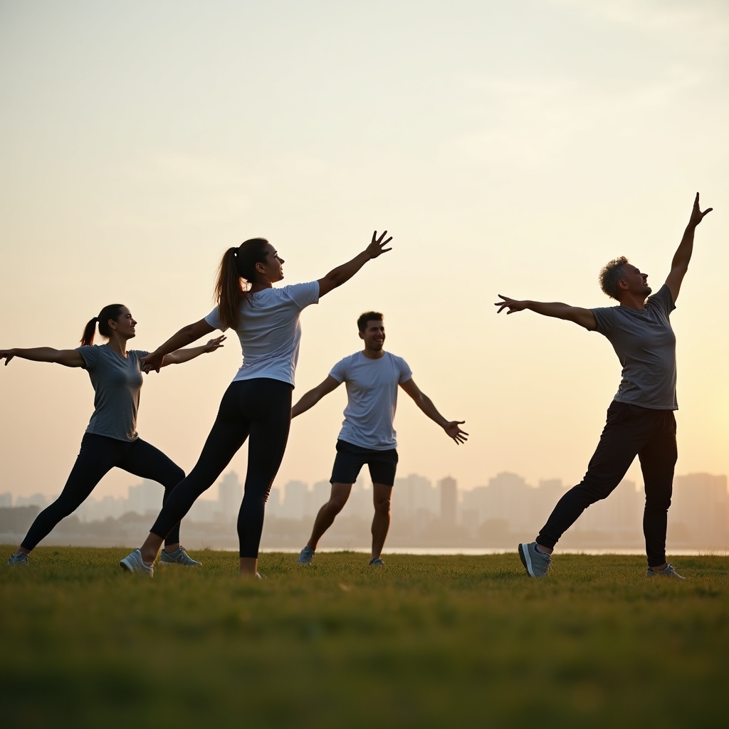 Small group of people stretching together outdoors before a recreational training session