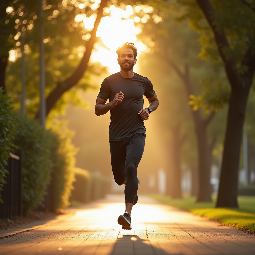 Active adult jogging outdoors along a tree-lined path early in the morning