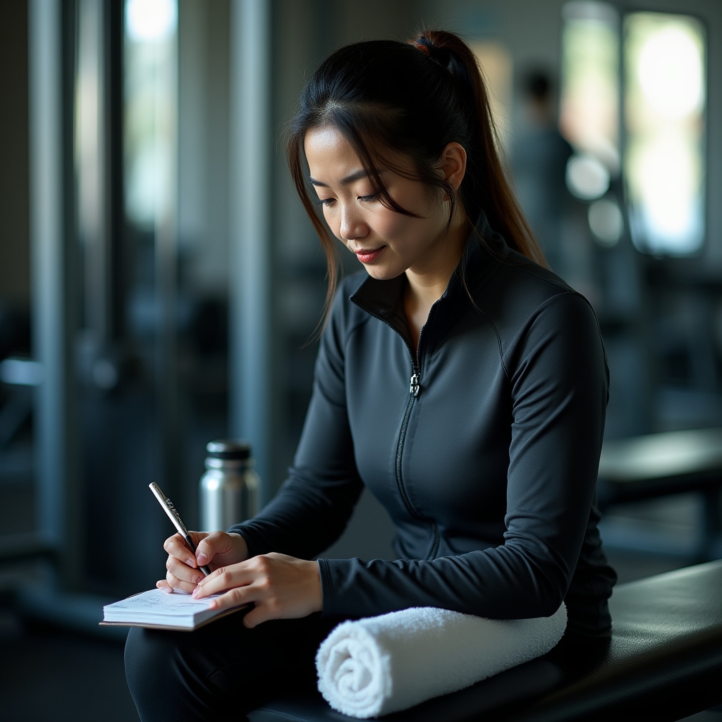 Person writing brief notes in a notebook after finishing a workout session