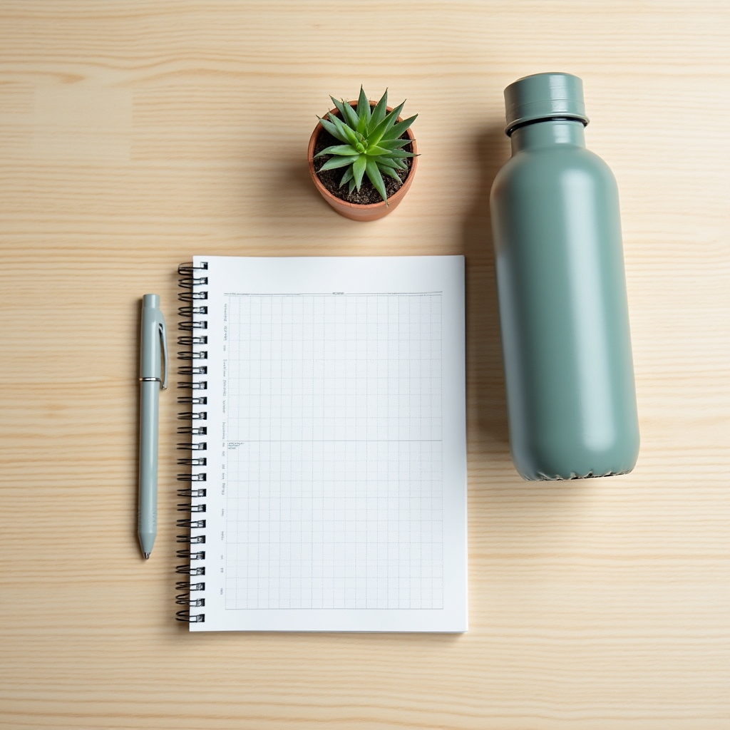 Water bottle and simple hydration tracking notebook laid out on a wooden desk